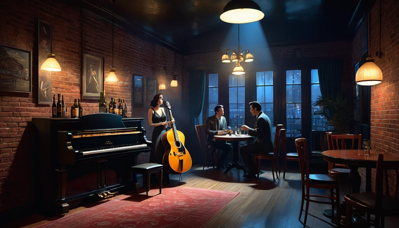 Interior of a very smoky vintage Parisian jazz club at night, The soft light of the pendant light、Man playing acoustic guitar,Woman playing the piano。, Brick wall decorated with rhythmic shadow playing, A tranquil and enchanting atmosphere, 3D Rendering, To create a realistic yet fantastical scene、Diner scene with detailed textures and lighting, film noir jazz bar, drawn in a neo - noir style, neo - noir style, Neo-Noir Setting, neo noir style, inspired by f.. scott hess, Thomas Dalziel, film noir realistic, inspired by f. scott hess CFGスケール
