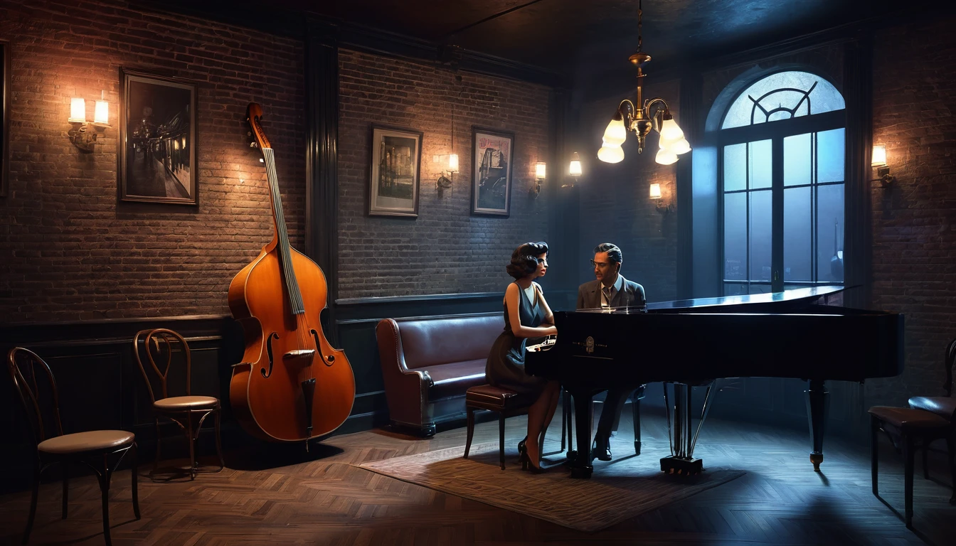 Interior of a very smoky vintage Parisian jazz club at night, The soft light of the pendant light、Man playing acoustic guitar，Woman playing the piano。, Brick wall decorated with rhythmic shadow playing, A tranquil and enchanting atmosphere, 3D Rendering, To create a realistic yet fantastical scene、Diner scene with detailed textures and lighting, film noir jazz bar, drawn in a neo - noir style, neo - noir style, Neo-Noir Setting, neo noir style, inspired by f.. scott hess, Thomas Dalziel, film noir realistic, inspired by f. scott hess CFGスケール