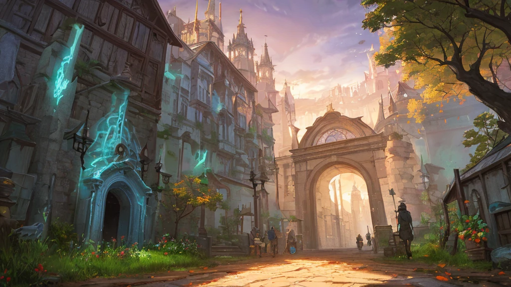 (anime, fantasy, medieval village), (best quality, highres, HDR:1.2), vibrant colors, detailed landscape, intricate, an entrance to a medieval village in a forest, arc entrance, cobblestone road. beautiful, etheral light, detailed tree, dynamic lighting, general shot, fantastic landscape, high fxaa