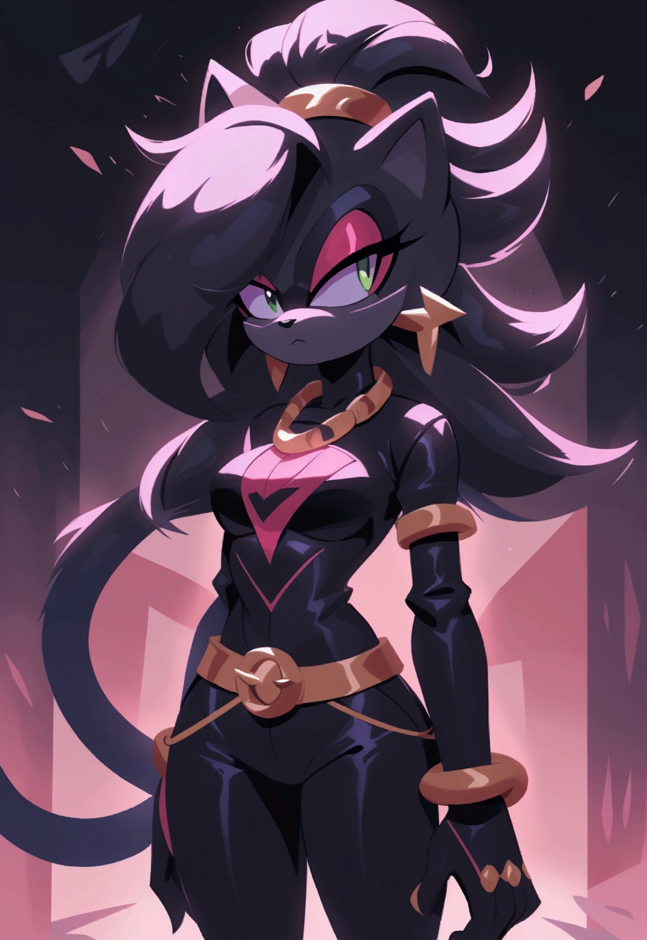 A female character with characteristics used in the IDW's Sonic universe.whole body.CHARACTERISTICS;panther .outfit;Oshen-i,bracelet,necklase,lequer.clothes colors are ;black and red 