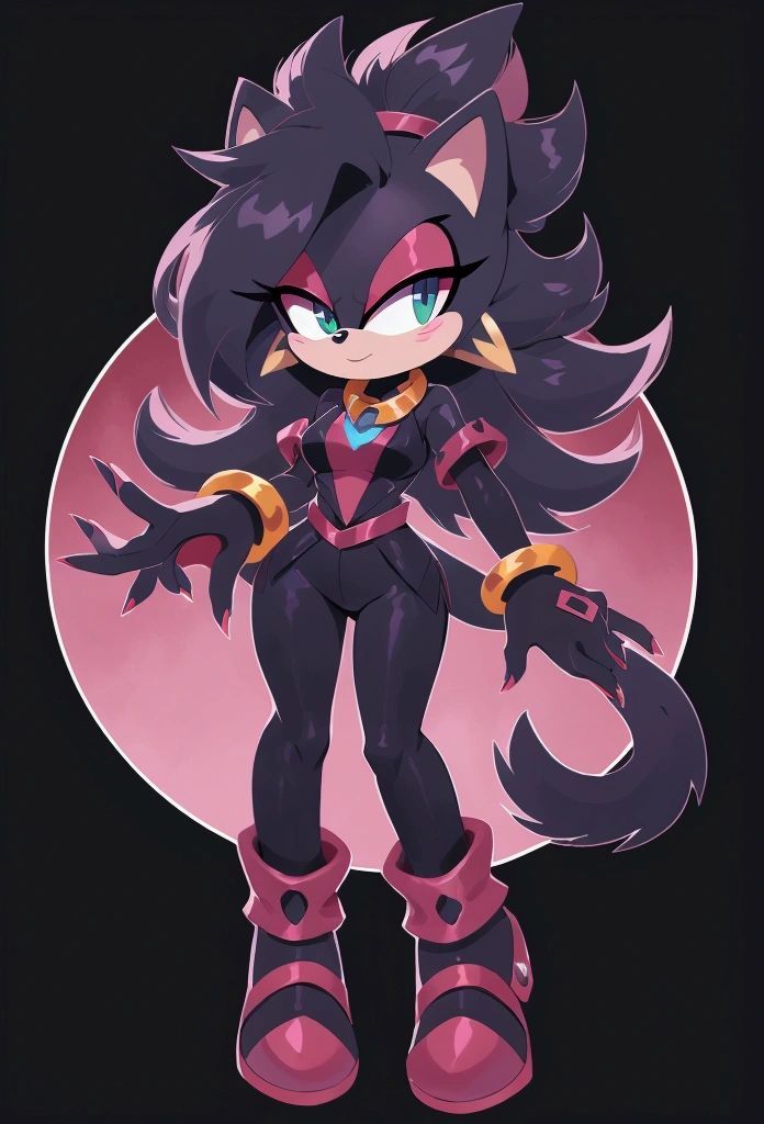 A female character with characteristics used in the IDW's Sonic universe.whole body.CHARACTERISTICS;panther .outfit;Oshen-i,bracelet,necklase,lequer.clothes colors are ;black and red 