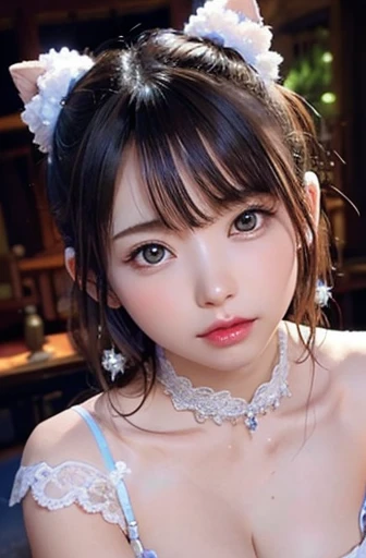 masterpiece, quality, Awareness-raising, Deep Blue, Platinum Earrings, Platinum Necklace, (see-through chinese clothes:1.2), One Girl, cute, (Dynamic Lighting:1.2), Cinematic lighting, Exquisite facial features, Delicate eyes, Sharp pupils, Realistic student, Depth of written boundary, ボケ Depth of written boundary, Sharp focus, (Very detailed, bloom, Shine:1.4), Lots of little gems、Green light、pinup, low-angle view, full body,