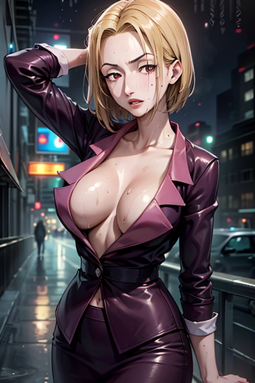 masterpiece, Highest quality, Unreal Engine, Super Resolution, Very detailed,
Beautiful woman, pakuwz, blonde hair, red eyes, cleavage, short hair, formal, purple jacket, high heels, no bra, purple skirt suit, large breasts, Vivid expression, Healthy Body, Beautifully detailed sweat glands, Smooth skin texture, Carefully drawn,
(humidity:1.5), Beautiful Eyes, (Attractive face:1.2), (Beautiful Skin), Tight waist, (Big Breasts), (Sticky with sweat), Dynamic pose,
In the world of Hunter Hunter, Outdoor, In the newyork city, night,