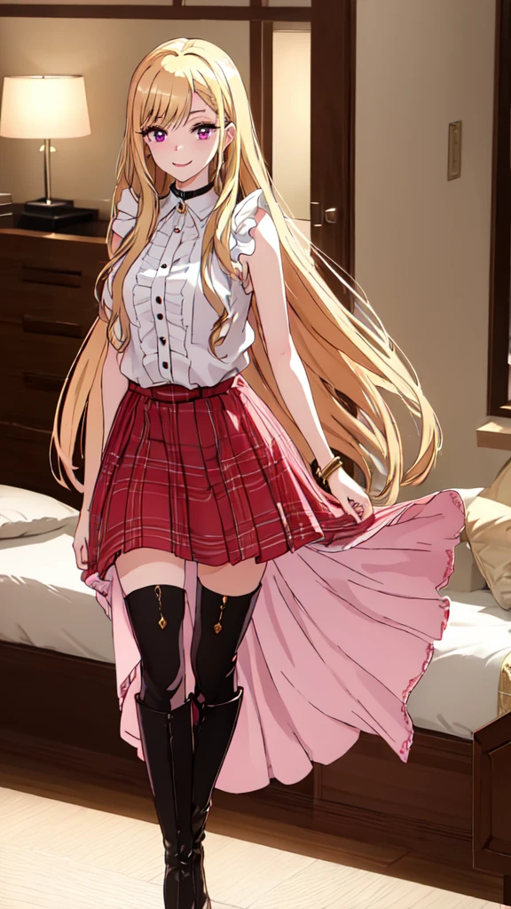1 girl, solo, an extremely beautiful frame, great view, detailing, HD frame, (( ultra quality )) , A beautiful girl, suede boots,
blonde hair, shiny figure, Pink eyes, manicure, full length, plaid skirt, red dress, bracelets, thighhigh boots, heels, black boots, room, Clinging to the wall, night, lamps are on, nice smile, long hair, Thin legs, 8k,
aesthetics of privacy, clear frame, Looking at the viewer, (( drawing many details )) , take into account all the shortcomings,