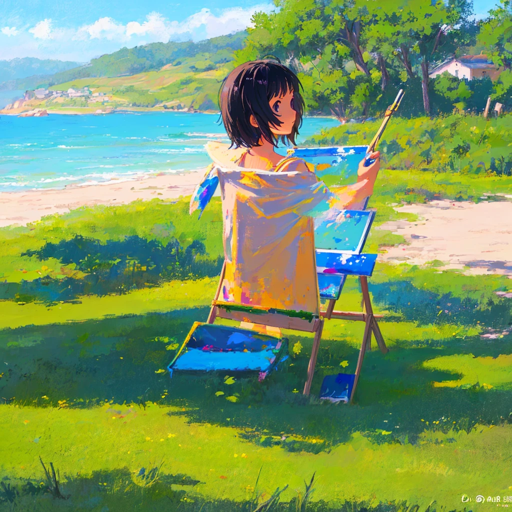 Fresh painting style,In the grassland,At the beach,Bright sky,Super detailed,Very realistic,masterpiece,8k,Hyper HD,Black Hair Girl
