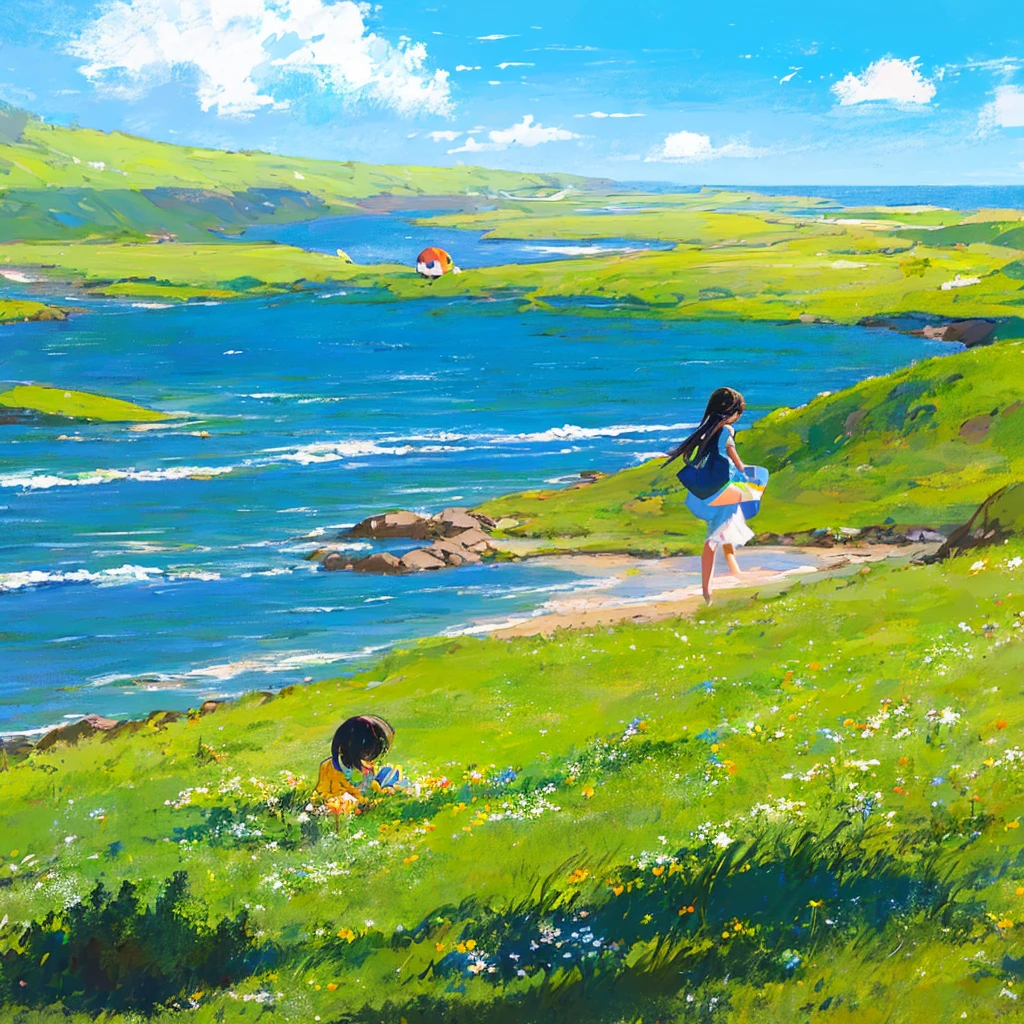 Fresh painting style,In the grassland,At the beach,Bright sky,Super detailed,Very realistic,masterpiece,8k,Hyper HD,Black Hair Girl