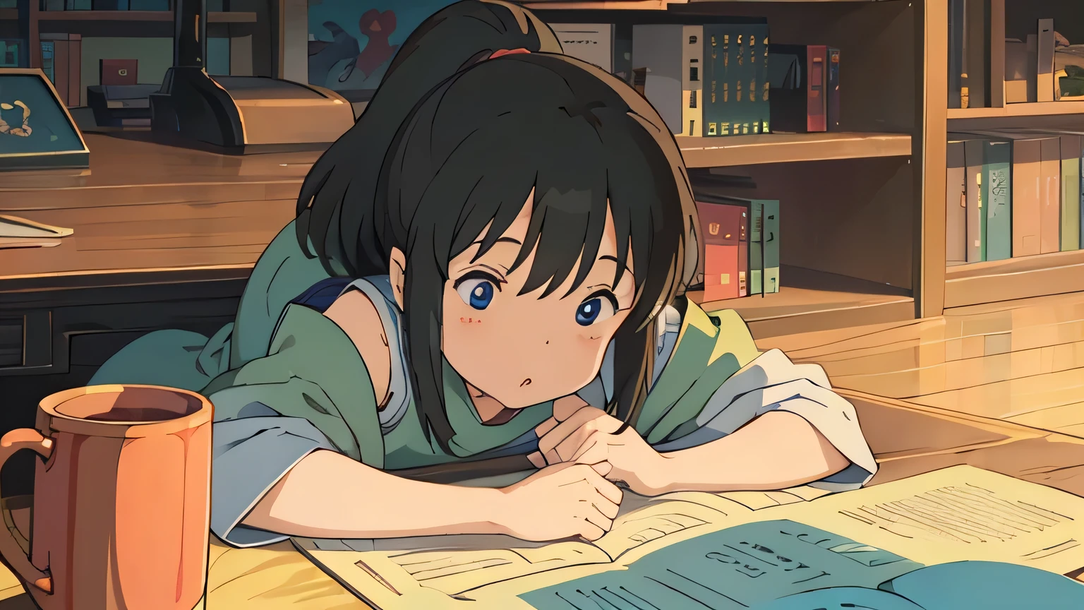 Create a Japanese retro animation-style woman from the 80s and 90s. She is studying in a library. Lighting reflections and shadows add depth and intensity to the scene. Her eyes are on the book. She is wearing minimalist clothes. There are some books and mugs on her desk.