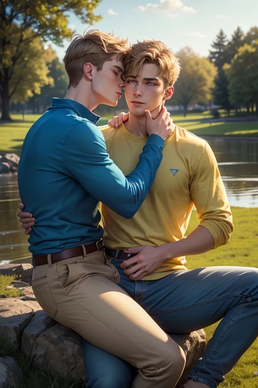 Two men, photo realistic. A 16-year-old, handsome, lean man with short-cut, blond hair and blue eyes, wearing a brown sweatshirt, and khaki pants, sitting in the lap of a 17-year-old, handsome, athletic, Caucasian man with short, shaved brown hair, and blue eyes, wearing a blue and yellow jersey, and jeans, kissing, groping each other, laying on a grassy field, by a pond in a large city park, at night. Masculine, erotic, sexy, romantic, love, huge bulge.