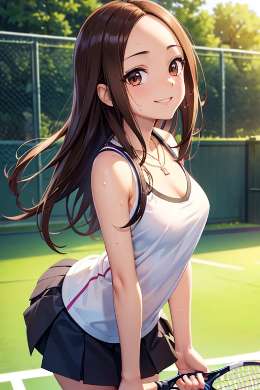 Takagi-san、Shiny brown hair, Straight Long Hair,((Medium chest、Forehead、Center part))、 Beautiful brown eyes、smile、Sparkling eyes, (fine grain)、Very fine eye、Highly detailed face, Highly detailed eyes, Cowboy Shot、


One girl,18-year-old,Perfect hands, Perfect Fingers,Perfect Anatomy, masterpiece, Highest quality,Realistic, hyperRealistic, 16k hdr,, pain, 
, (Sexy Tennis Wear,:1.2),Outdoor,School,Are standing,(Sweat:1.2),(Smile),Large Breasts,Upper Body,(From the side:1.2),View your viewers,(Leaning forward:1.3),necklace