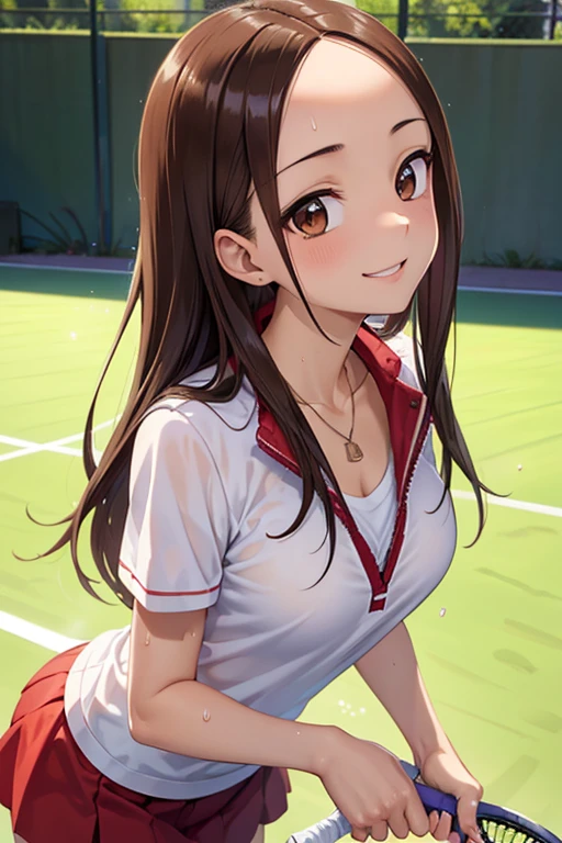 Takagi-san、Shiny brown hair, Straight Long Hair,((Medium chest、Forehead、Center part))、 Beautiful brown eyes、smile、Sparkling eyes, (fine grain)、Very fine eye、Highly detailed face, Highly detailed eyes, Cowboy Shot、


One girl,18-year-old,Perfect hands, Perfect Fingers,Perfect Anatomy, masterpiece, Highest quality,Realistic, hyperRealistic, 16k hdr,, pain, 
, (Sexy Tennis Wear,:1.2),Outdoor,School,Are standing,(Sweat:1.2),(Smile),Large Breasts,Upper Body,(From the side:1.2),View your viewers,(Leaning forward:1.3),necklace