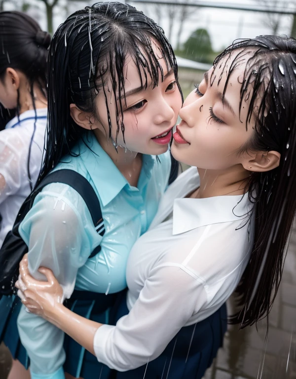 8k,masterpiece,Japanese,best quality, two (schoolgirls:1.2), (clothes get soaked:1.3), reluctantly, in park, (breasts:1.1) , (shirt:1.2), rainy、wrestle each other