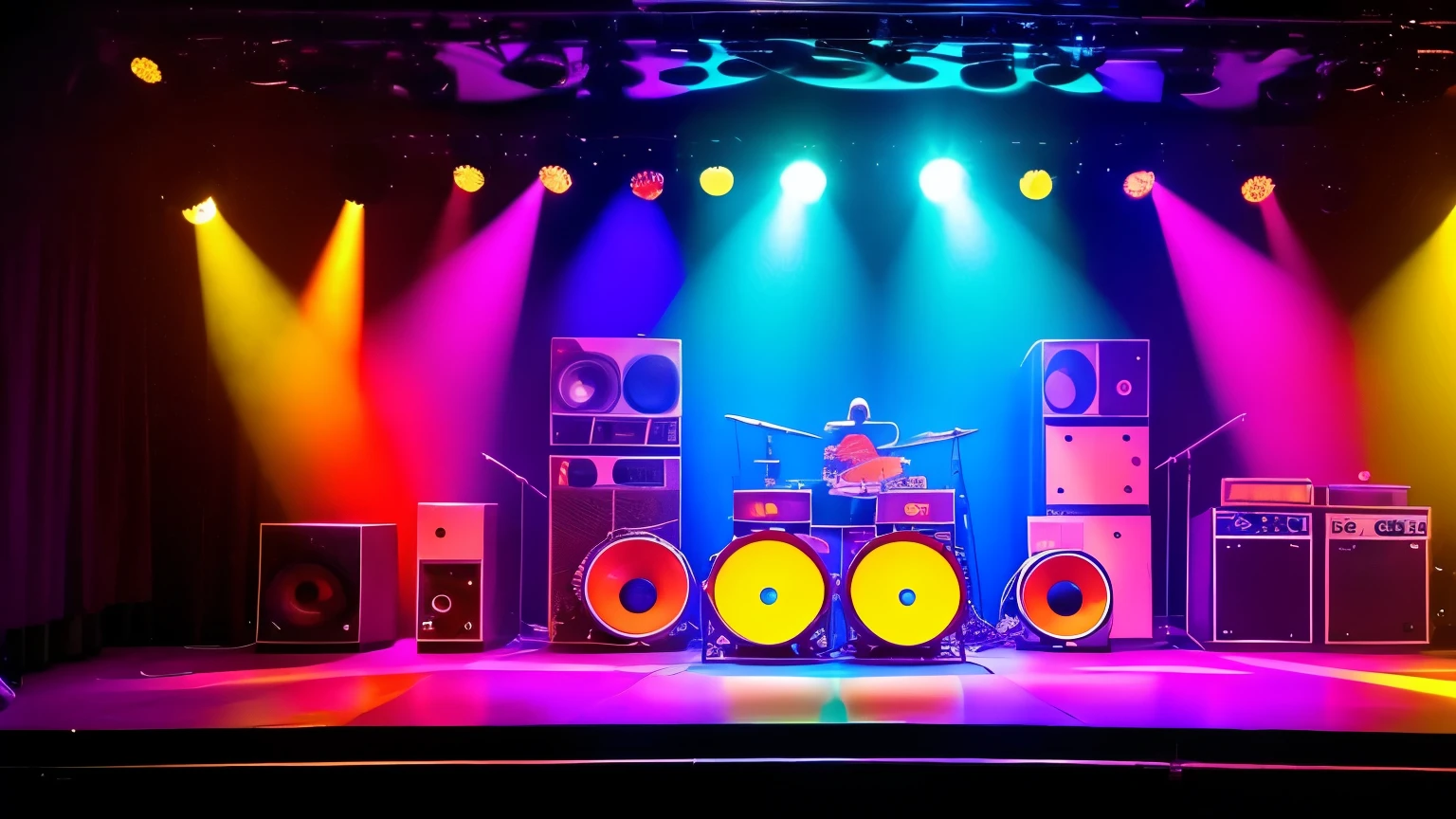 "A vibrant 70s stage scene for a funky rock band, with large speakers, colorful and psychedelic lights, and a retro decor. The stage is empty, ready for the show to start."