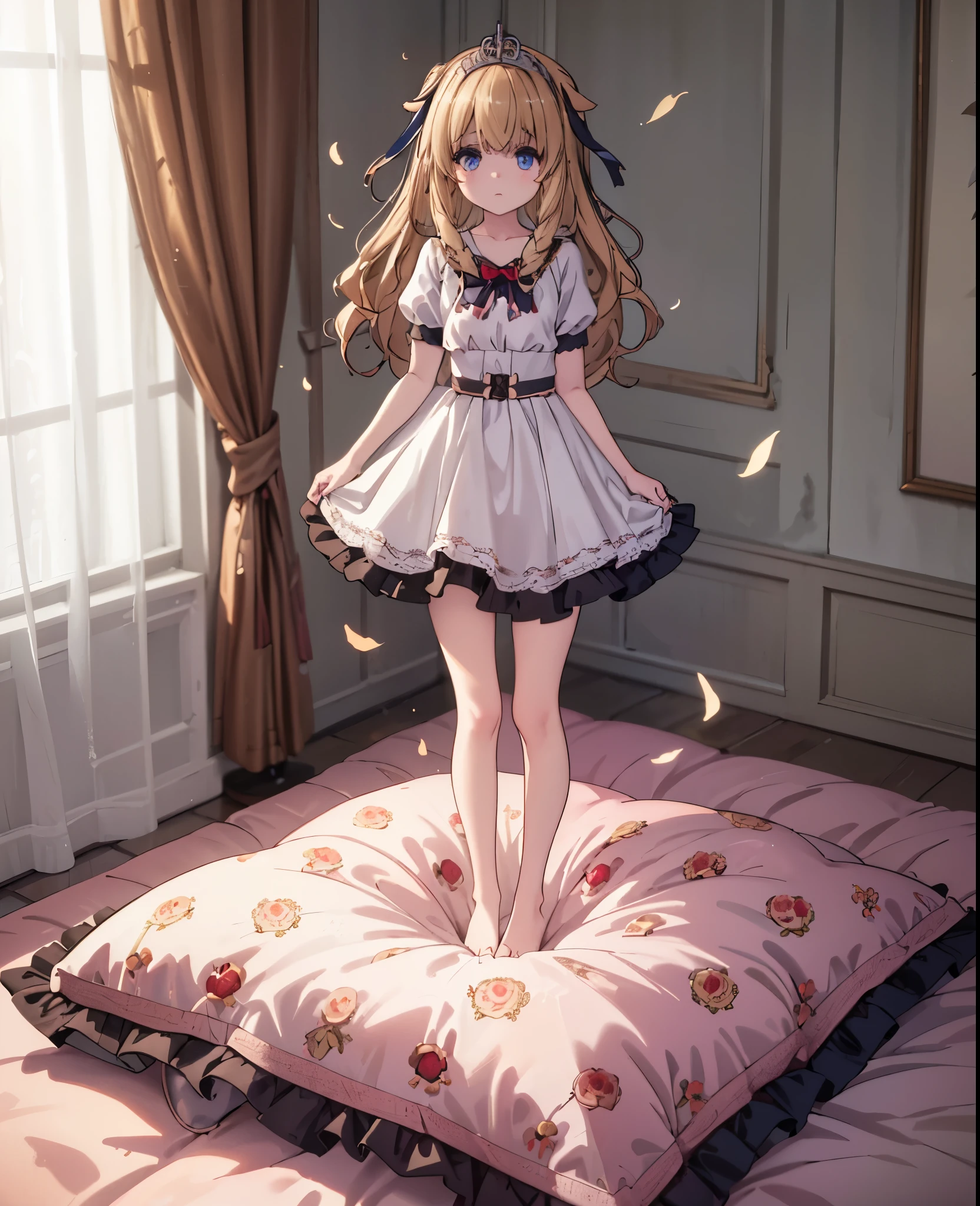 （best quality， masterpiece），full body, 1 girl, solo, mine ,nsfw, details, (Light and shadow oxtail , Cute girl posing on pillow ，standing on pillow, frilled pillow, large pillow，（pillow), LatifaFleuranza, blonde hair, blue eyes, very long hair, tiara, LatifaPajama, pajamas