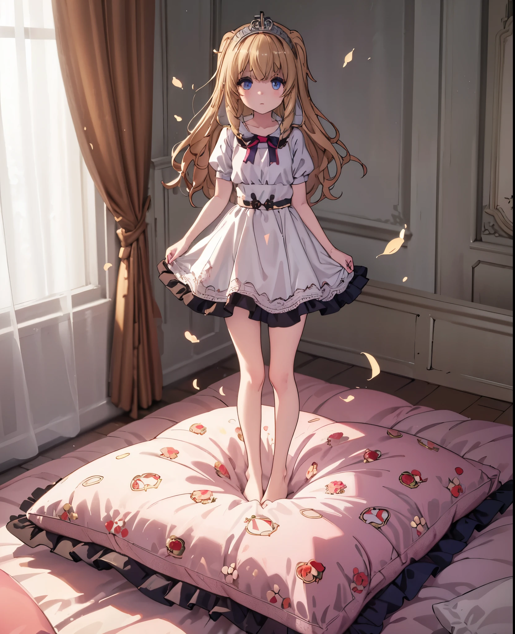 （best quality， masterpiece），full body, 1 girl, solo, mine ,nsfw, details, (Light and shadow oxtail , Cute girl posing on pillow ，standing on pillow, frilled pillow, large pillow，（pillow), LatifaFleuranza, blonde hair, blue eyes, very long hair, tiara, LatifaPajama, pajamas