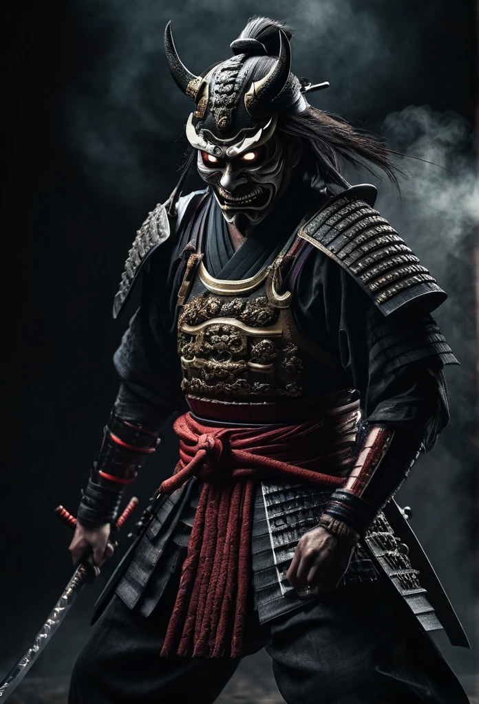 high quality, 8k, hyper detailed, photorealistic, intricate details, dark moody atmosphere, traditional japanese samurai in demonic mask, katana sword, full body pose, ready for battle, dark mist surrounding, realistic, cinematic lighting, dramatic shadows, intense expression, powerful presence, evil, georgeus, full body
