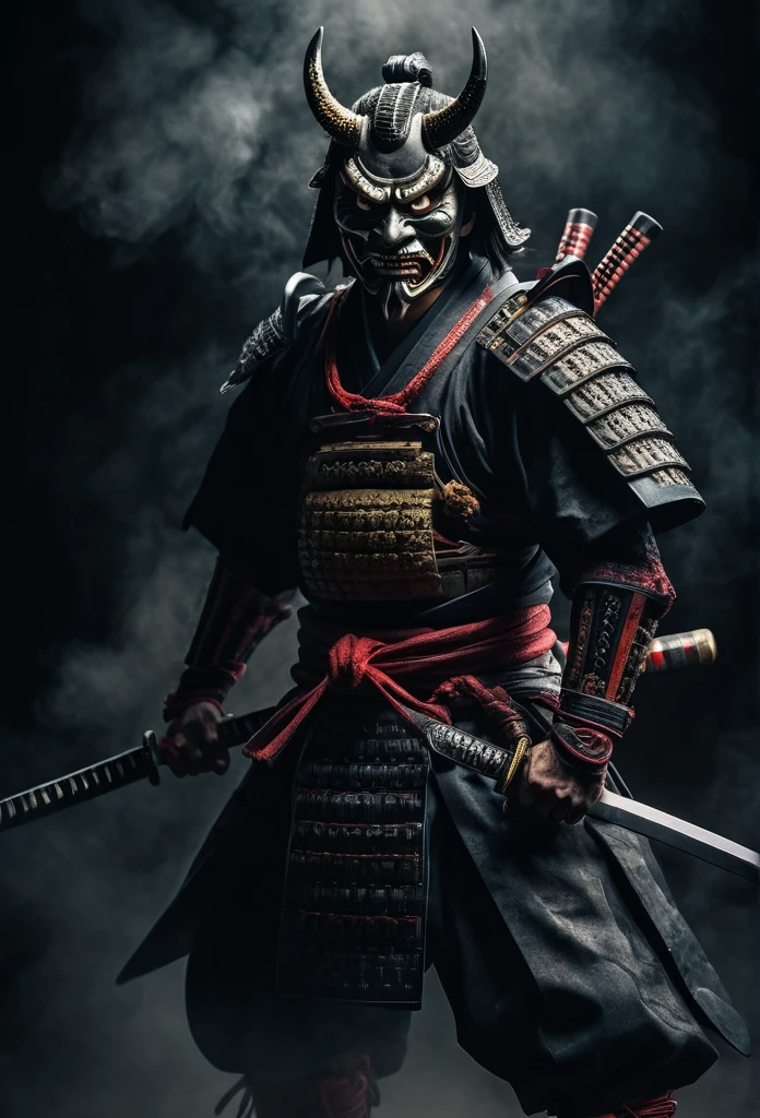 high quality, 8k, hyper detailed, photorealistic, intricate details, dark moody atmosphere, traditional japanese samurai in demonic mask, katana sword, full body pose, ready for battle, dark mist surrounding, realistic, cinematic lighting, dramatic shadows, intense expression, powerful presence, evil, georgeus, full body