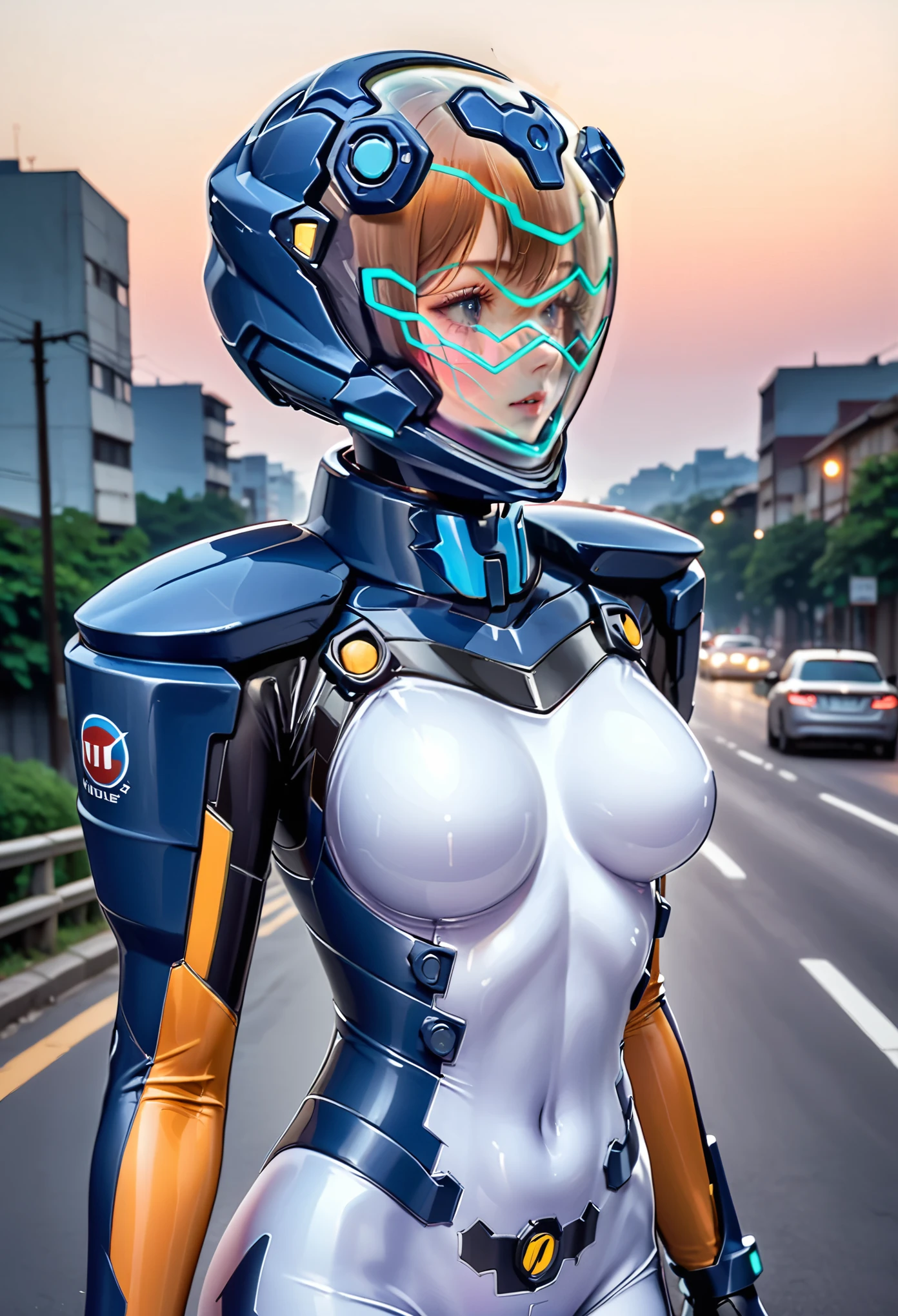 short hair, street, emo, BLACK hair, white eyes, eyeliner, apocalypse, (astronaut, girl, road, city, fortified suit, ((blue:1.5) plugsuit), short hair, outdoors, cinematic light, medium breasts, covered navel, space helmet, muvluv, space helm, eva helmet,[legs bent,, upper body