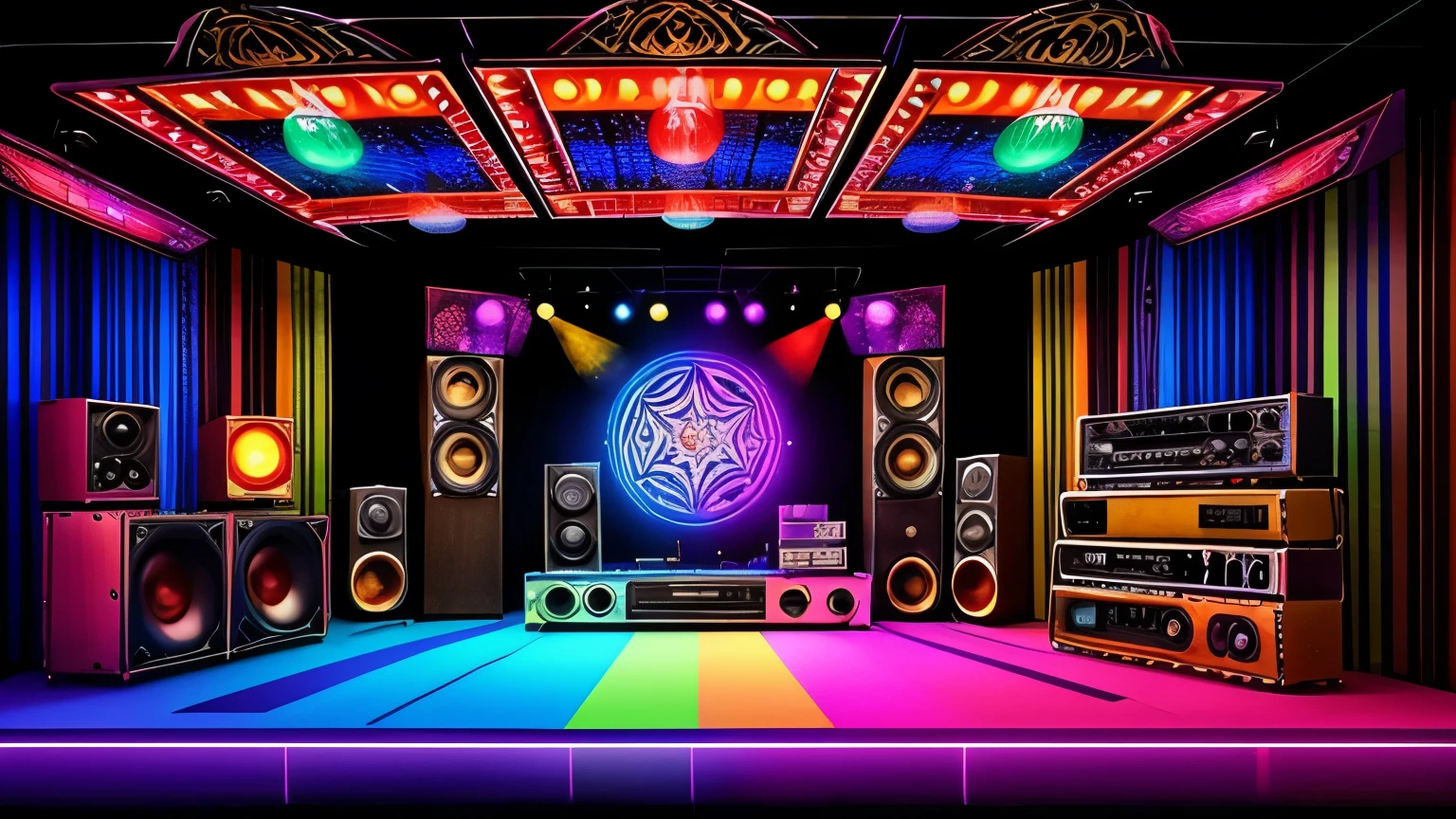 "70s funky rock stage with vintage amplifiers, rotating and colorful lights, and a background decorated with psychedelic patterns. The environment is realistic and retro, with musicians."