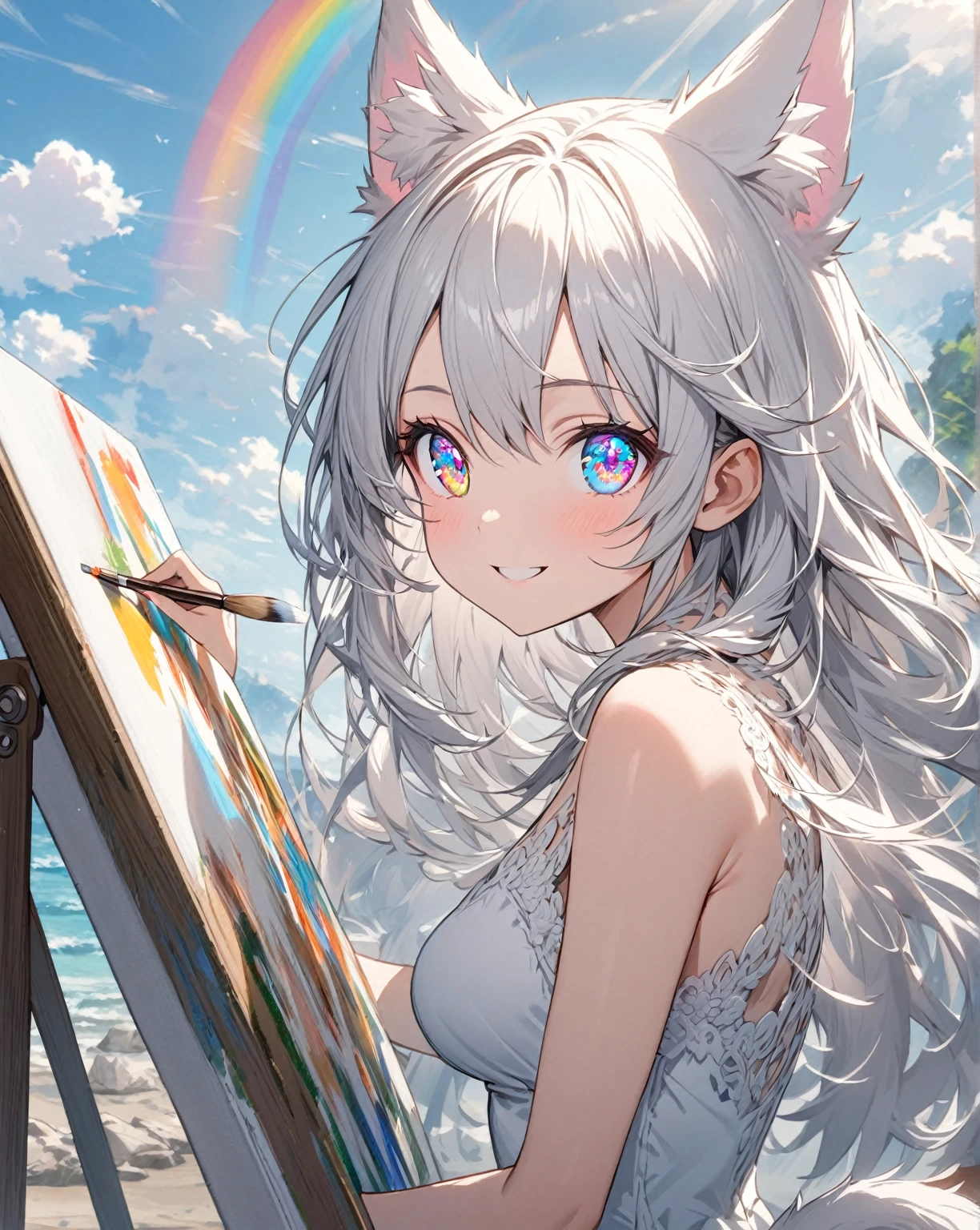 1girl that is painting a butterfly on the canvas. She's a very talented artist. Focus on her that is painting.
1catgirl, cat ears, (white long hair) , ((detailed rainbow eyes)) , intricate cool white dress. Bare shoulders, white Shorts. Portrait. Medium breast. Super detailed. ((Perfect anime rainbow eyes)) .
Natural pose. She's smiling , she's Smart . White fox tail. She's Painting a butterfly on the canvas . Artist's sprout with partially painted canvas. He is painting outdoors, it is a beautiful sunny day with blue skies, a few white clouds, meteorites and trails in the sky. Uncomplete drawing on the canvass. Artist pose. She hold a Brush. She hold a color palette. She's looking back at the viewer smiling while paining.
Accent colors on the canvas and eyes.