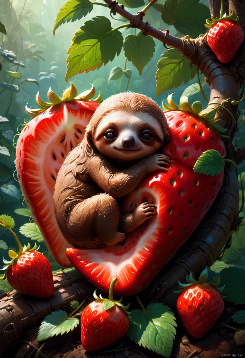 strawberry, detailed photograph of an adorable baby sloth sleeping on a red strawberry, by Ismail Inceoglu Huang Guangjian ZBrush, pixar, studio ghibli, masterpiece, best quality, very aesthetic, absurdres