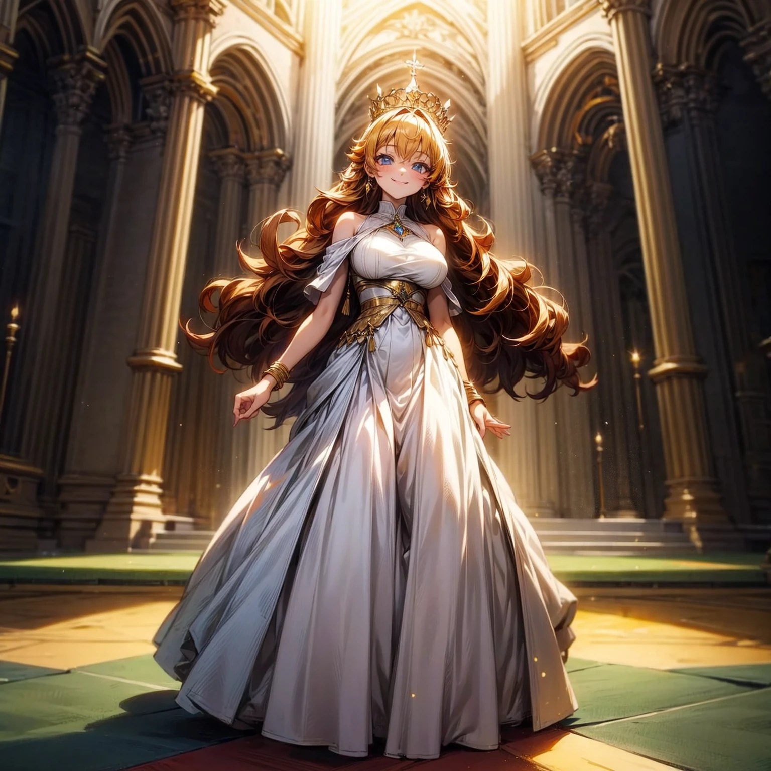 (solo), (white dress), (queen dress), (smile), pale skin, (pale), indoor, big Castle, big breasts, smile mouth, happy, radiant glow, (cowboy shot), (holy aura), long curly hair, ginger hair, diamond earrings, gold bracelets, Golden crown, bare shoulders, greenlands, (full body version), detailed background, detailed clothing, detailed hair 