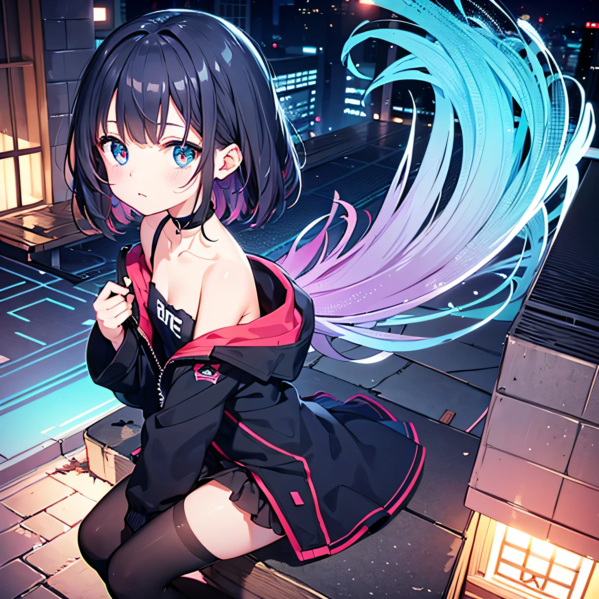 masterpiece,best quality,1 synthesizer wave style girl,blue outline,Street with neon lights,Blue fluorescent coating,alone,from above,cowboy shot,sit on top of the building,Highly detailed CG,flat color,limited palette,Nolin Art,silhouette,Partially colored,alternative color,dynamic angle, angle seen from the side, blue long umbrella,Dark purple shadows,synthesizer wave,chromatic aberration,(alone focus),perfect shadow,dressed for school,Wear an off-shoulder floating jacket as outerwear.,delicate face,bare shoulders,Black short hair, beautiful and delicate eyes,delicate background,blue neon light, You can see the night view as well