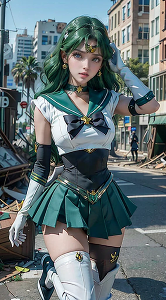 1 Girl, Sailor Neptune, (Sailor warrior:1.4), Dark green hair, Medium Hair, Begging for a skirt, La best quality, earrings, masterpiece, high resolution, Intricate details, (( Realist )), photography, (White Elbow Gloves:1.1), Jewel-like, Medium chest, whole body, Dynamic Background, Dynamic poses, High heel,,More detailed 8K.Unreal Engine:1.4,Ultra HD,La best quality:1.4, fotorRealist:1.4, Texture:1.4, masterpiece:1.8,First job, best quality,Object Object], (Facial features are detailed:1.3),(Detailed hands),(Doomsday destroyed city:1.7),(White over the knee boots: 1.4), Collar, (White gloves:1.4), Collar verde, Elbow Groves, Jewel-like, earrings, Green skirt, only one, whole bodysbian, Green hair,
