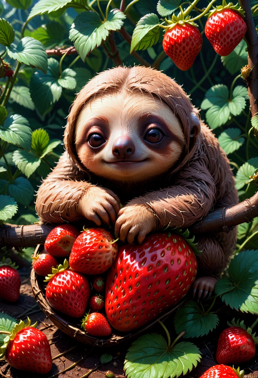 strawberry, detailed photograph of an adorable baby sloth sleeping on a red strawberry, by Ismail Inceoglu Huang Guangjian ZBrush, pixar, studio ghibli, masterpiece, best quality, very aesthetic, absurdres