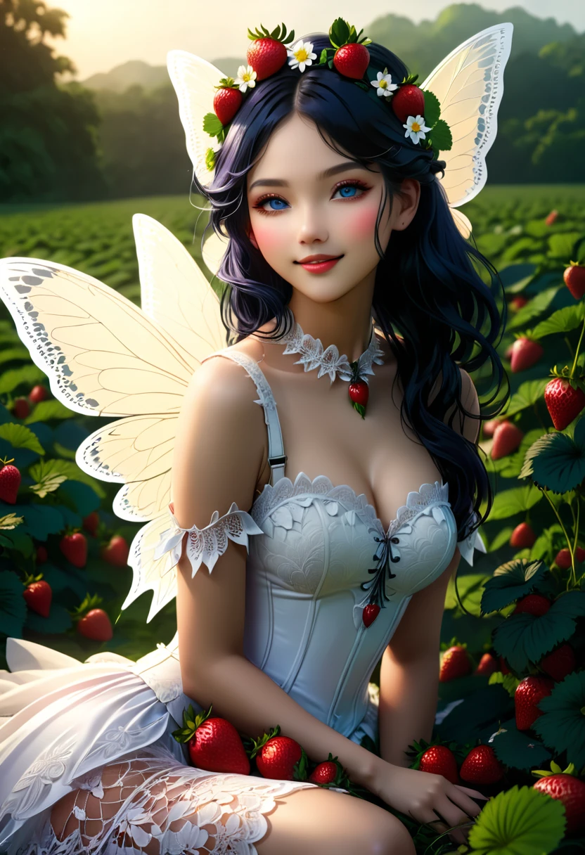 high details, best quality, 16k, RAW, [best detailed], masterpiece, best quality, (extremely detailed), full body, ultra wide shot, photorealistic, dark fantasy art, goth art, RPG art, D&D art, a picture of a female fairy resting in a (field of strawberries: 1.3), extremely beautiful fairy, ultra feminine (intense details, Masterpiece, best quality), best detailed face (intense details, Masterpiece, best quality), having wide butterfly wings, spread butterfly wings (intense details, Masterpiece, best quality), white and purple wings (intense details, Masterpiece, best quality),  dynamic hair color, dynamic hair style dynamic skin complexion, shy smile, innocent smile, blue eyes, dark red lips, wearing ((white: 1.5)) lace dress (intense details, Masterpiece, best quality), ((white lace: 1.5)) corset (intense details, Masterpiece, best quality), dynamic elegant shirt, chocker, wearing high heels, in a field of strawberries (intense details, Masterpiece, best quality), (extreme many strawberries) (intense details, Masterpiece, best quality), dark colorful flowers (intense details, Masterpiece, best quality), flower meadow in a dark goth field background, dim light, cinematic light, High Detail, Ultra High Quality, High Resolution, 16K Resolution, Ultra HD Pictures, 3D rendering Ultra Realistic, Clear Details, Realistic Detail, Ultra High Definition, lace drawing, betmd, DonMF41ryW1ng5XL
