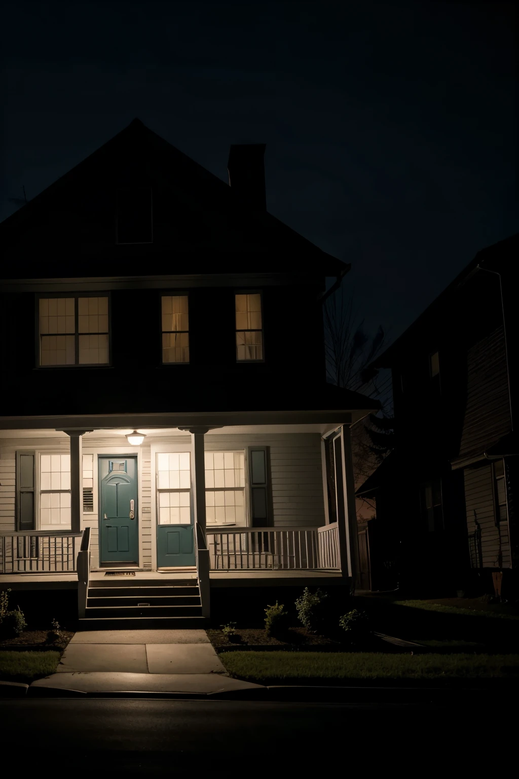 the exterior of an ordinary house in the United States, a scene from a horror movie, a macabre and dark atmosphere at night