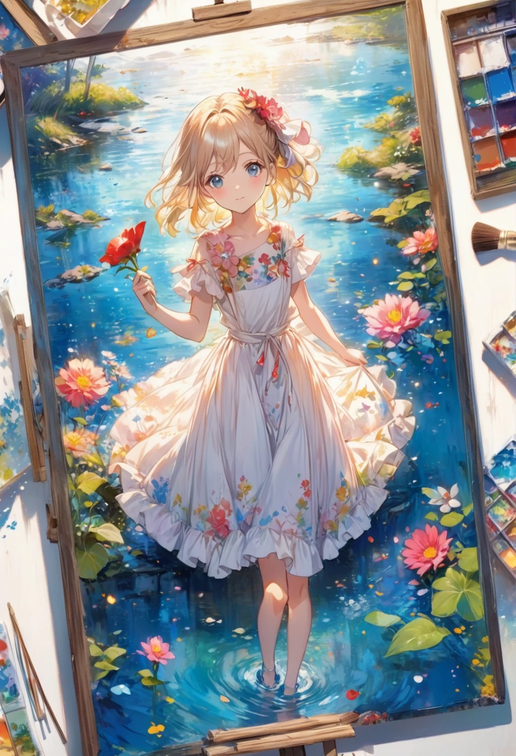 A painting of a girl in a dress standing in a pond, splash art anime change, change in dress, beautiful Anime Artwork, beautiful Anime Art, change, Beautiful Anime, anime painting, beautiful Anime Art style, detailed Anime Art, Cute art style, everyone, Anime Art, Beautiful Anime portrait, detailed key Anime Art, Anime Artwork