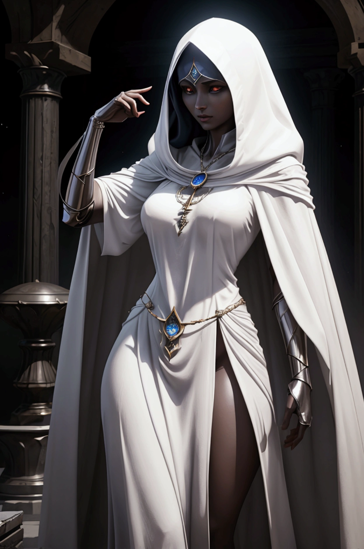 Arafed woman in a white robe and cloak standing in a dark room, unreal engine render + a goddess, veiled woman, Lady Dimitrescu, Tom Bagshaw Weta Studio, Photo of the spirit of Anubis, Female Moon Knight, Priestess, Veiled figure, disguised as an oracle, unreal engine. movie still, clothed