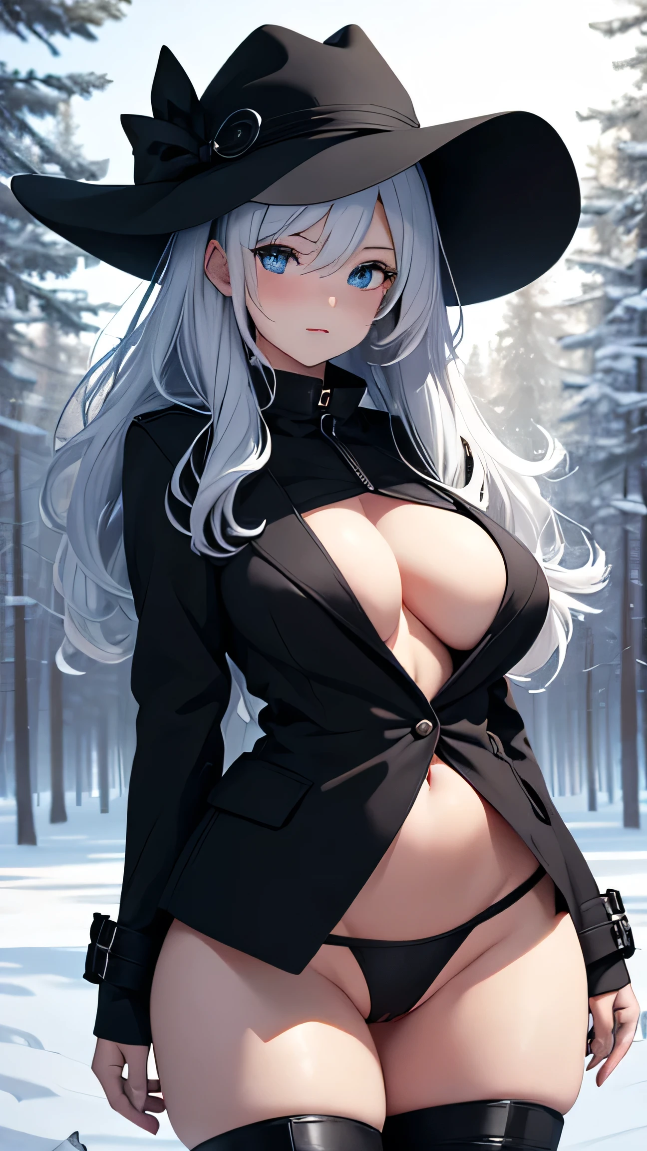 winter forest, girl with wide hips and big thighs, black boots, black hat, black jacket over naked body, white hair, blue eyes, without bra, without panties