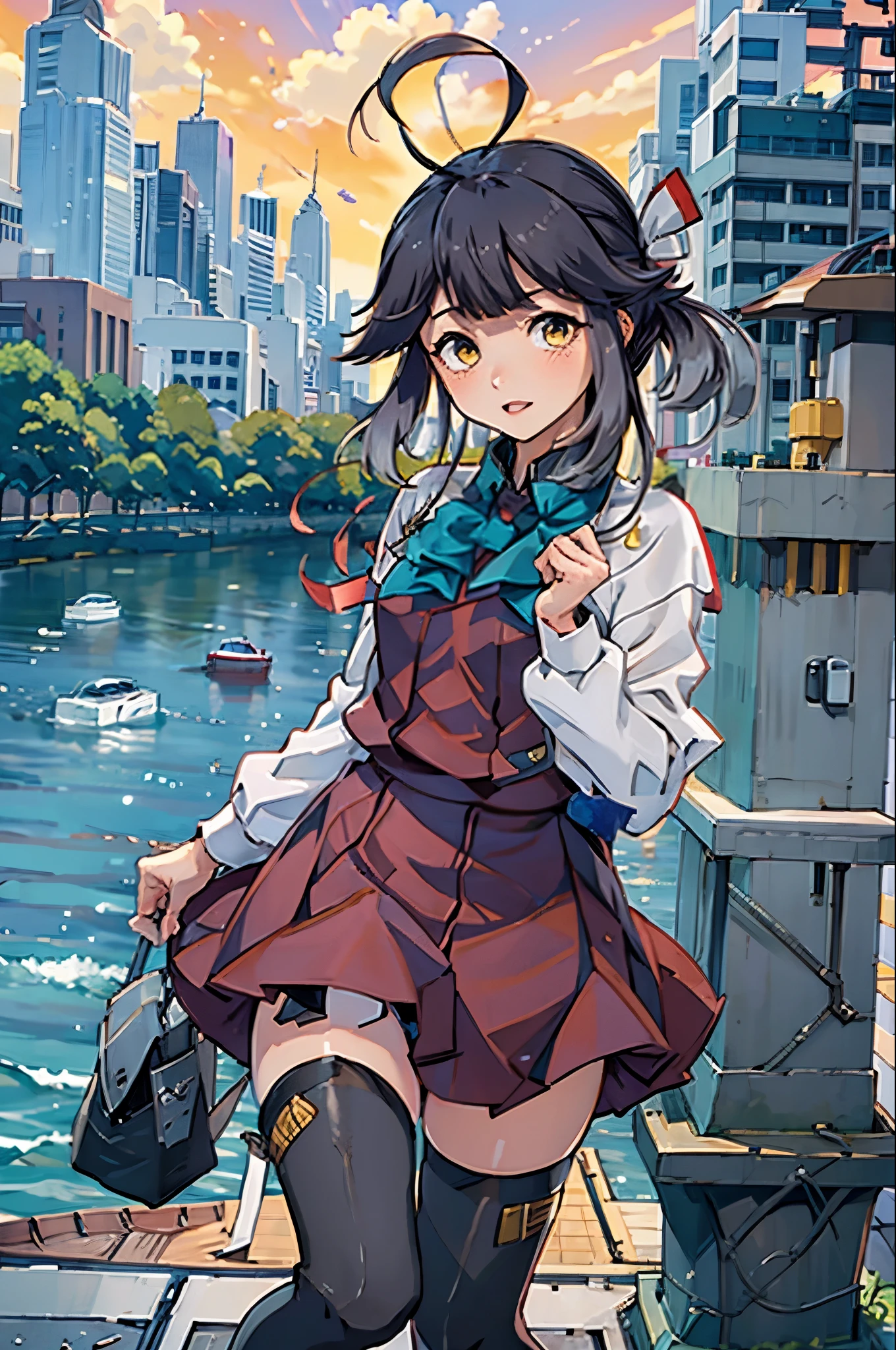 One Girl, alone, 
kishinami \(Fleet Collection\), Ahoge, Brown Hair, short hair, Wavy Hair, Yellow Eyes, Blunt bangs, Small breasts, 
Aquabow, Aquabowtie, Grey pantyhose, Long sleeve, Pleated dress, Purple Dress, school uniform, Seamed legwear, White shirt, Halter neck, boots, Cowboy shot outdoors,  whole body, Are standing,((panties)), Skirt Lift