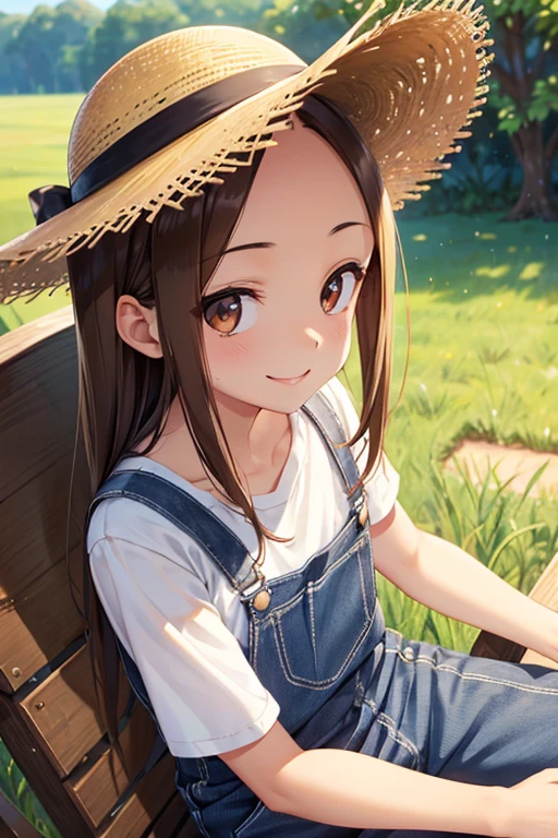 Takagi-san、Shiny brown hair, Straight Long Hair,((Medium chest、Forehead、Center part))、 Beautiful brown eyes、smile、Sparkling eyes, (fine grain)、Very fine eye、Highly detailed face, Highly detailed eyes, Cowboy Shot、


One girl,18-year-old,a large wheat field, Summer sunshine, Sitting in the back of the truck, 
 Wear a straw hat, Overalls, White sports bra,  Sweat, Smiling Kindly , Top Angle, masterpiece, High resolution