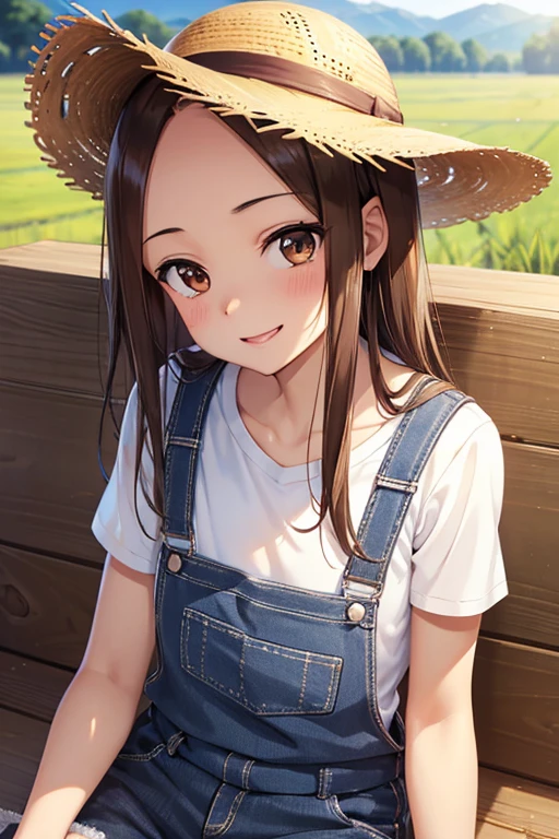 Takagi-san、Shiny brown hair, Straight Long Hair,((Medium chest、Forehead、Center part))、 Beautiful brown eyes、smile、Sparkling eyes, (fine grain)、Very fine eye、Highly detailed face, Highly detailed eyes, Cowboy Shot、


One girl,18-year-old,a large wheat field, Summer sunshine, Sitting in the back of the truck, 
 Wear a straw hat, Overalls, White sports bra,  Sweat, Smiling Kindly , Top Angle, masterpiece, High resolution