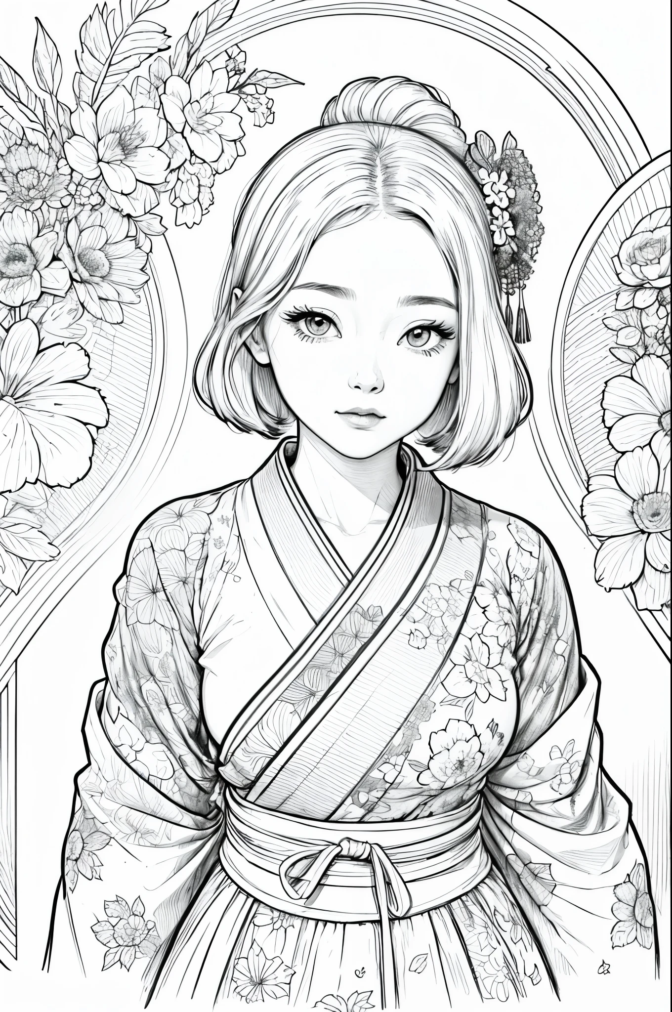 Depicting a realistic and cute ukiyo-e illustration of a woman in a kimono that conveys Japanese culture. The illustration is a illustration with detailed facial features and cartoon-style visuals, (high contrast, sketch, monochrome, clean line drawings for coloring book:1.5)