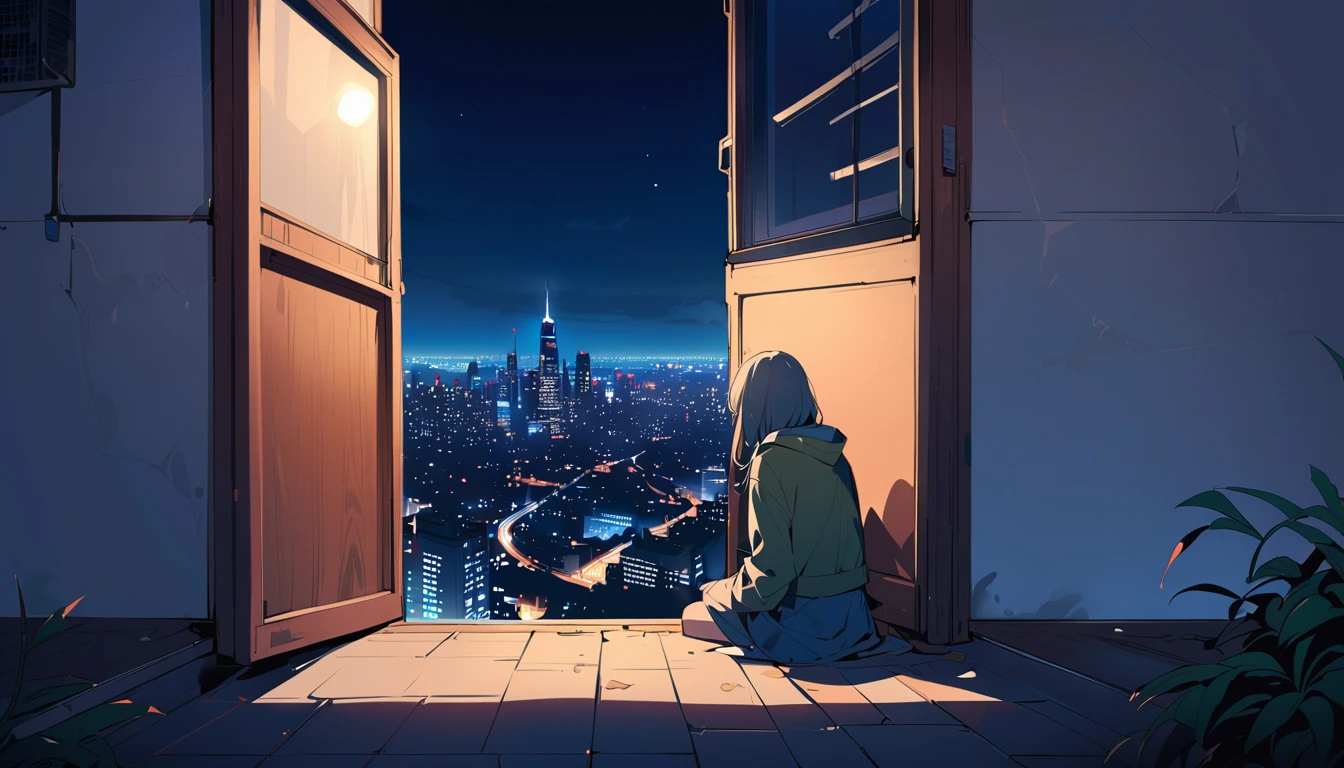 sitting next to a big window、Outside the window is the city at night、Horizontal composition