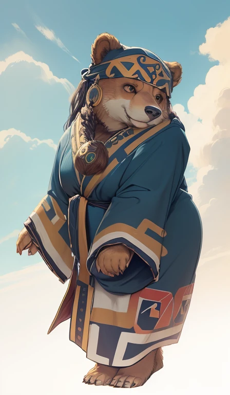 mammal, brown bear mother，strong，Feminine characteristics，Detailed character details，whole body，National style totem，ethnic jewelry，, detailed fur，Ainu women in traditional clothing，Fair深藍色服飾，Dark blue headscarf， masterpiece, best quality, Digital art, (actual:0.3), cartoon, Detailed route, High resolution, visually stunning (detailed lighting, Depth of Field:0.9), detailed color, Bright colors create perfect hands, Detailed hands (Fair, Cute, Fluffy:1.2), detailed body, Perfect breasts, 1 girl, , Smile full of love，HokkaidoNatural background，horizon landscape, National costume, national totem，清澈的Sky空, movie lighting, Sky, sunny Sky,，grassland， horizon background(Natural background:1.1,Hokkaido:0.9), (Soft natural light:1.1), (Detailed facial features:1.1,expressive eyes:1.2), (calm and serene expression:1.1), (Flowing and layered clothing:1.1), (Gorgeous and intricate accessories:1.1), Fine hairs, exquisite eyes,