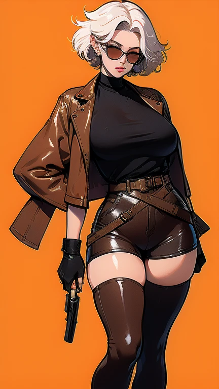 (masterpiece), best quality, expressive eyes, perfect face(masterpiece), best quality, expressive eyes, perfect face, 
a woman, 25 age,  80s style, short white hair, bronze skin, large breasts, wide hips, brown leather jacket, 
amber eyes, dark aviator glasses, neon city on background, holsters, spike chocker, black croped t-shirt,
 holster, gun holster, bondage gear, armwear, legwear, black gloves, elbow sleeves, thick thighs, harness, bottomless