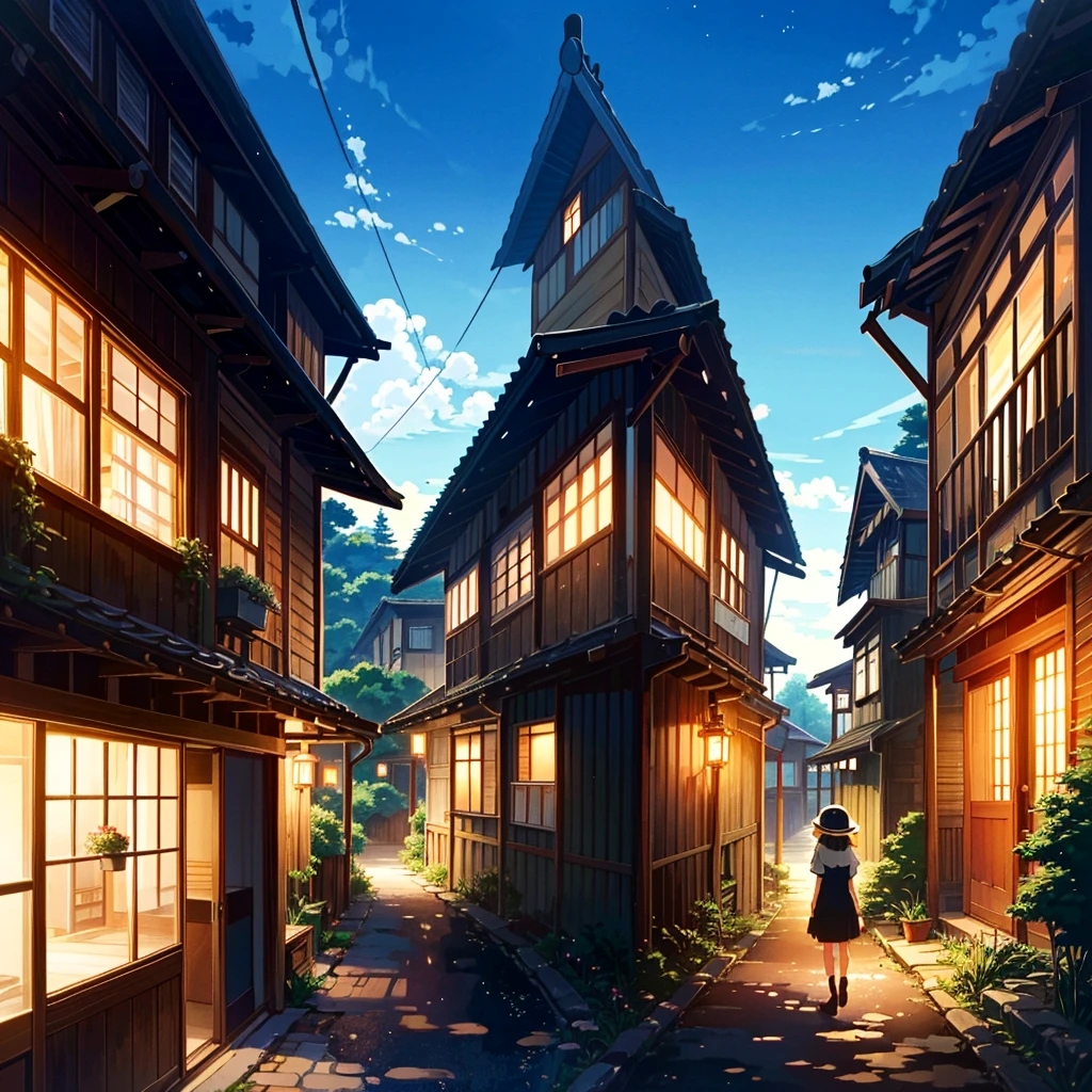 Anime Style, Ghibli Touch, Mysterious atmosphere, Old building from the early Showa period, Rural Village, Bright sky, {{((The Girl in One Piece, Girl in hat))}}}