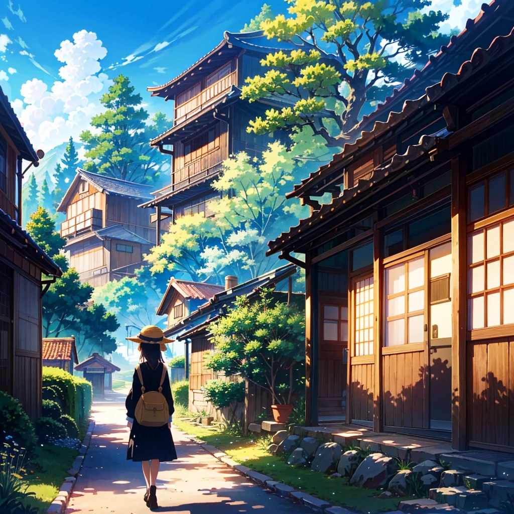 Anime Style, Ghibli Touch, Mysterious atmosphere, Old building from the early Showa period, Rural Village, Bright sky, {{((The Girl in One Piece, Girl in hat))}}}