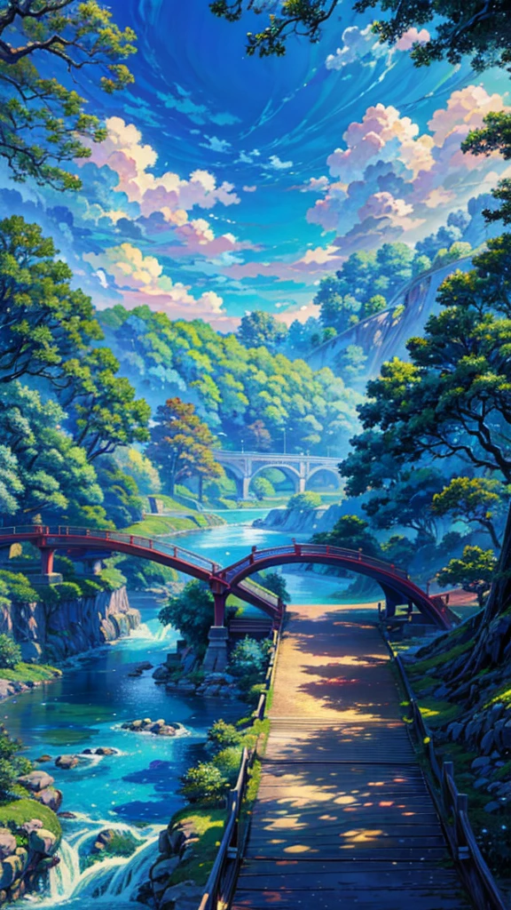 a detailed anime style landscape, a bridge over a serene river, beautiful blue sky with fluffy clouds, lush green foliage and trees, warm sunlight, highly detailed and vibrant colors, picturesque anime scenery, stunning anime background art, idyllic anime countryside landscape, photorealistic, 8K, masterpiece, best quality, ultra-detailed