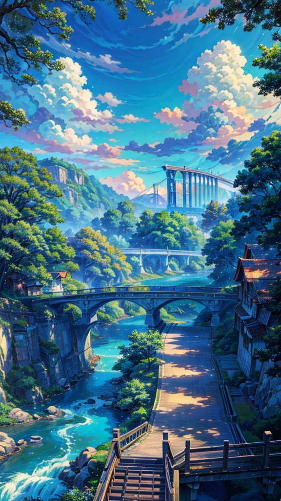 a detailed anime style landscape, a bridge over a serene river, beautiful blue sky with fluffy clouds, lush green foliage and trees, warm sunlight, highly detailed and vibrant colors, picturesque anime scenery, stunning anime background art, idyllic anime countryside landscape, photorealistic, 8K, masterpiece, best quality, ultra-detailed