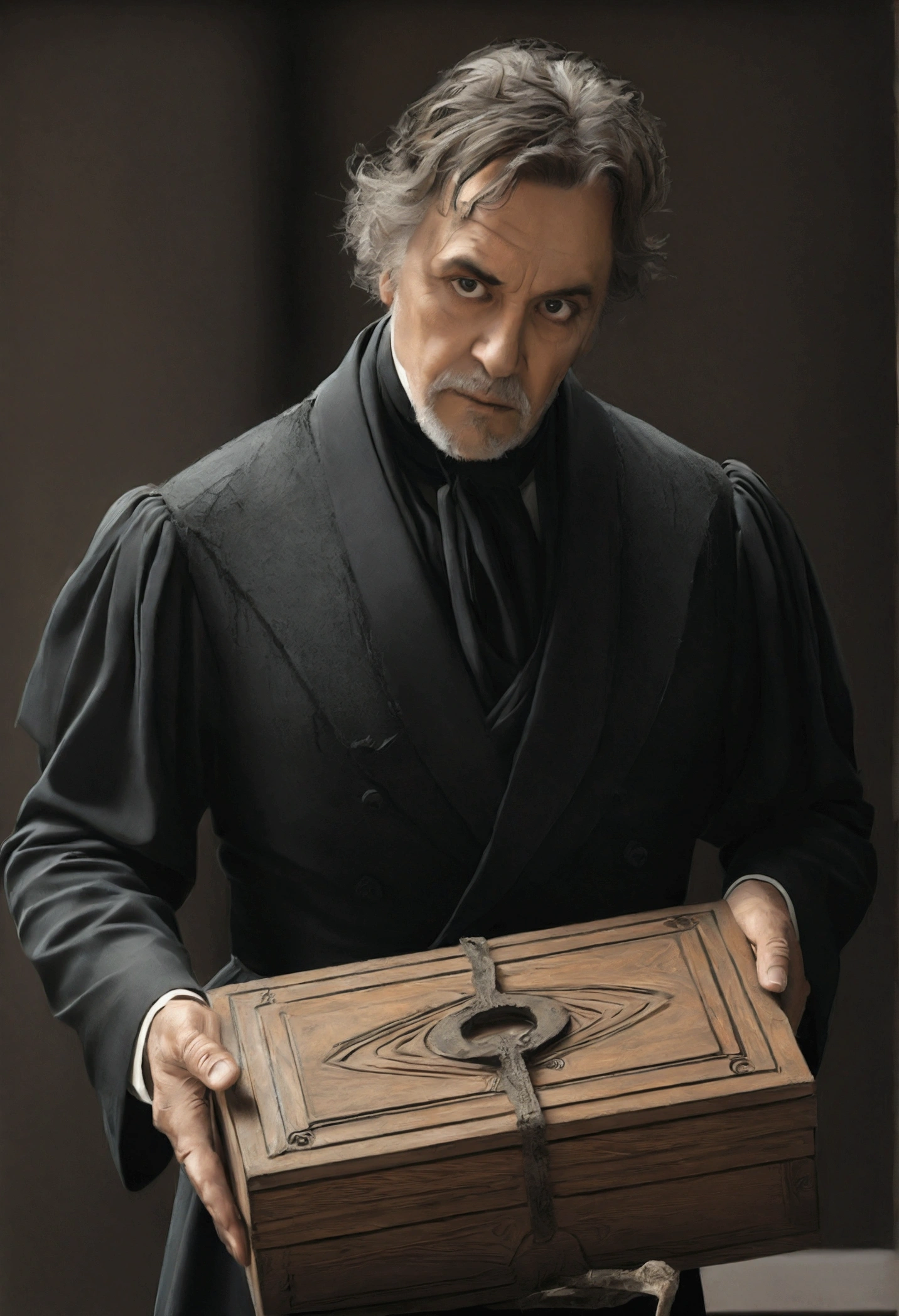 /imagine soon: wearing a black dress, open a box, Dark, mysterious, fear
, A in a black dress., with big, innocent eyes, Messy hair that covers part of the face, Shaking hands holding the box, A mix of curiosity and apprehension,
, An old and worn box, covered in dust and cobwebs, Signs of wear that reveal its dark history, A rusty latch that is difficult to open, The unknown that hides inside,
, A heavy and ominous atmosphere, Shadows dancing on the walls, Disturbing silence, Cold air that causes chills, Fear floating in the air,
, Digital illustration with dark tones and dramatic contrasts, Oil painting with expressive brush strokes and dark colors, Charcoal drawing with intense lines and rough textures, Manipulated digital art with light and shadow effects,
, Edward Gorey, Tim Burton, h.r. Giger, Zdzislaw Beksinski, Jerome Hieronymus Hieronymus, Salvador Dalí —c 10 —ar 2:3