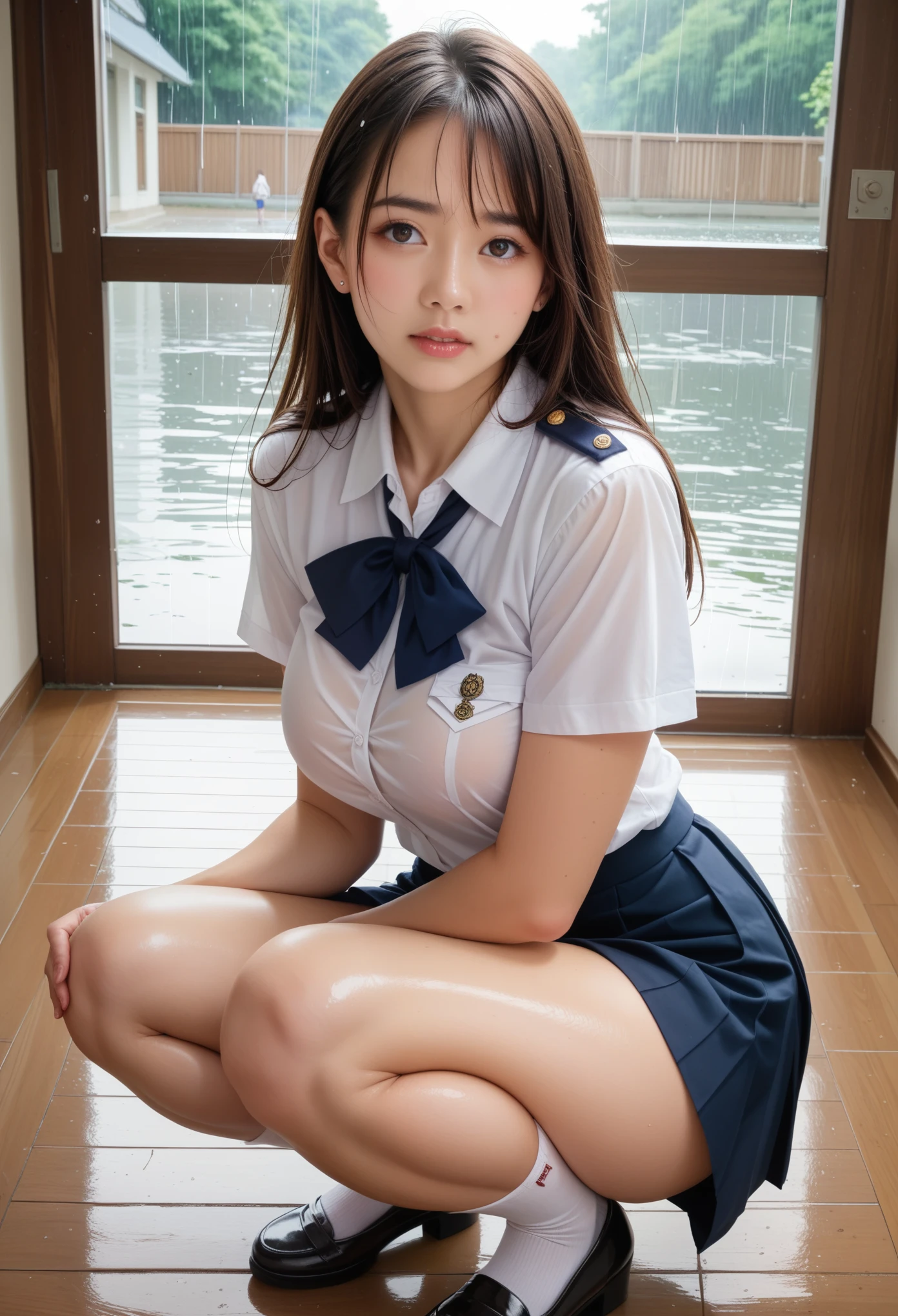 Highly detailed CG Unity 8K wallpaper、highest quality、super detailed、masterpiece、realistic、Photoreal、Highly detailed cute girl、、(High school students wearing Japanese uniforms)、((Shooting from the front:1.4))、((Dark blue school girl bow tie:1.4))、((Sitting on a wooden chest:1.4))、blush、split lips、looking at the viewer、semi body shot、(A room in a love hotel)、(Japan High and designated shoes)、((navy blue short pleated skirt:1.5))、(Short-sleeved white shirt for students)、 (dark blue bow tie:1.2)、(Light brown long hair)、(beautiful face:1.3)、(perfect proportions:1.2)、(long legs:1.2)、(small breasts:1.3)、((Blouse wet in the rain、The brush is see-through))、(Bra is transparent)、(((wet hair、wet skin)))、((Upper body))、reality、((rain outside the window:1.4))、