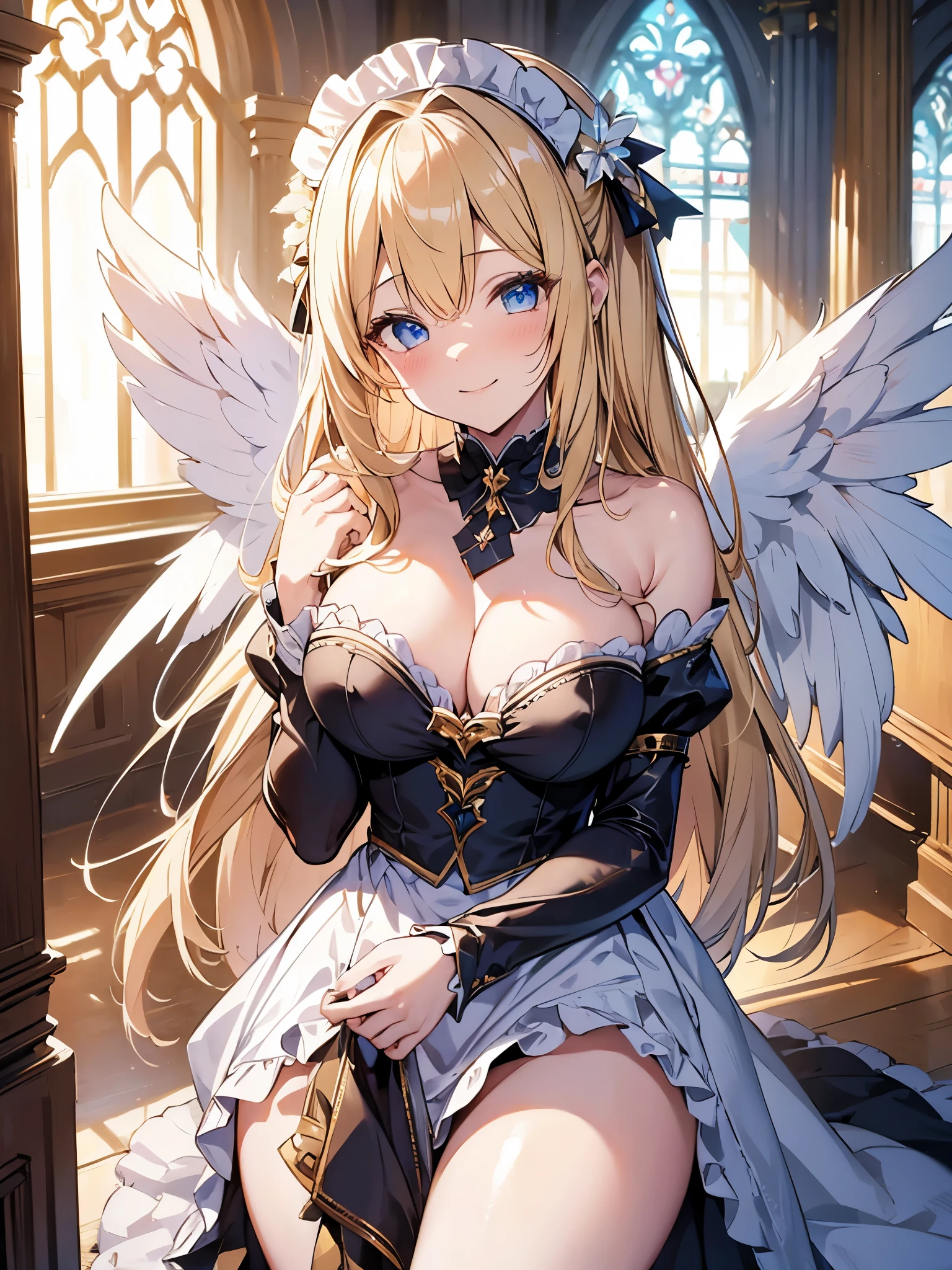 masterpiece, Hyper quality, Hyper detailed, perfect picture, alone, beauty, 1 girl, maid costume, Angel wings, alone, Peaceful look, long blonde hair, enchanting eyes, ridiculously large breasts, shiny skin, church,smile
