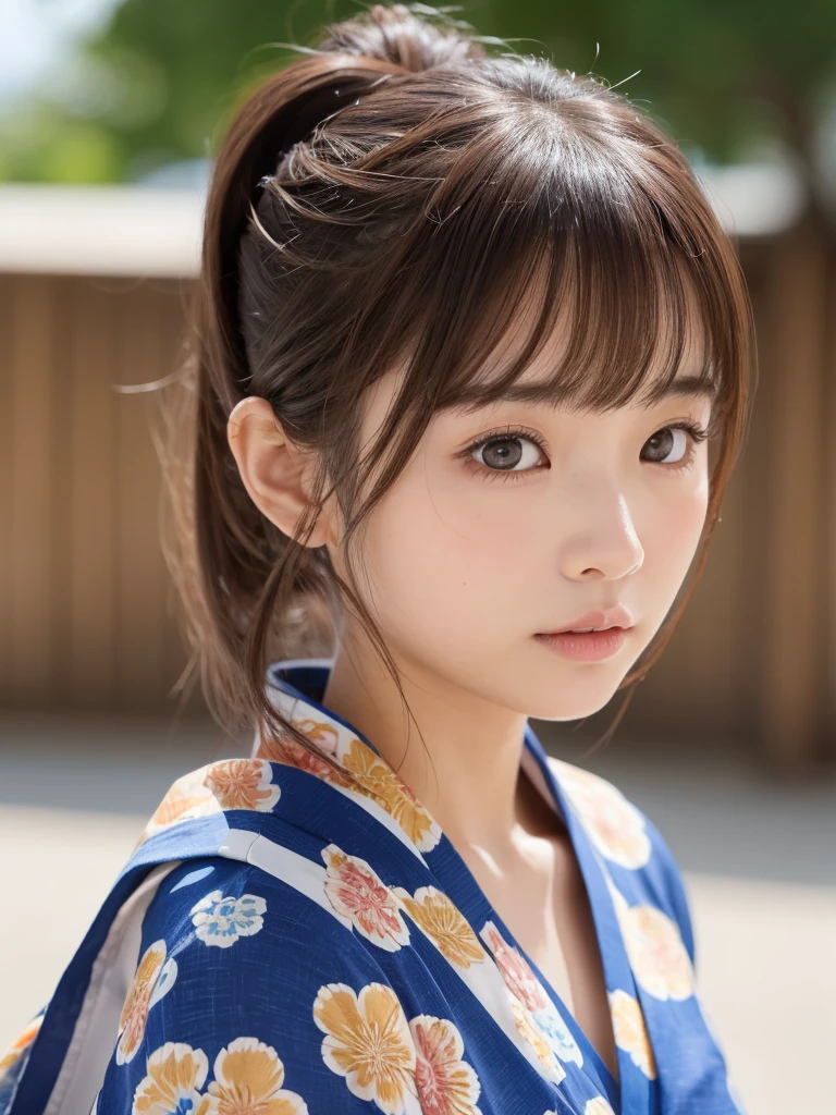 気質のgirl,Delicate facial features,bangs,Brown ponytail,Messy Hair,The hair is very realistic,Wearing a yukata,Du Qiong&#39;Exquisite makeup,thin red lips,Big eyes,double eyelid,Black Hole,A photo taken from a little distance。night,Bright Eyes,Symmetrical face,The face is very realistic,girl&#39;The face was carefully drawn,blush,Ultra-luxurious appearance,Looking at the audience,Extremely realistic skin,Sebaceous reflex,artwork,Clothing that makes use of the texture of real fabric,Realistic painting,Movie Style,Photo level,Ray Tracing,Realistic light and shadow effects,realism,masterpiece,8K highest image quality is full,一人のgirl, 