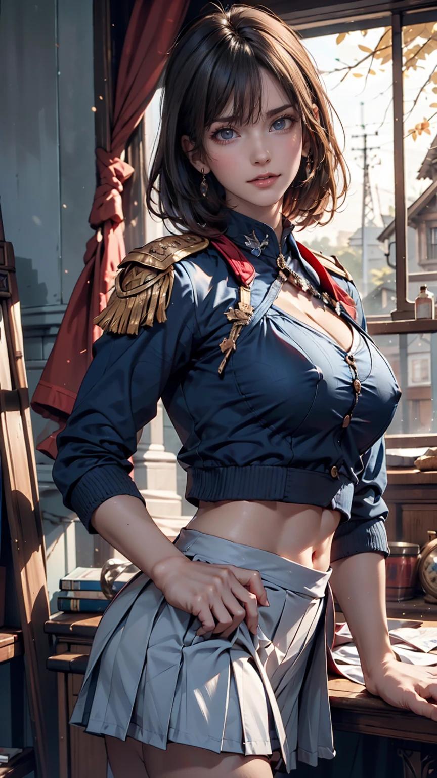 (Highest Resolution, clear_image), Highest quality, masterpiece, Very detailed, Semi-realistic, Woman with shoulder-length black hair, Dark Eyes, mature, mature woman, Imperial sister, sexy, short hair, Triple Van, Light blue uniform, Light blue uniform jacket, soldier, Light blue pleated skirt, uniform, Fighter Front, future, sf, universe、Sexy proportions、Narrow waist、Erotic female body、Saggy breasts、Big Breasts、Nipple swelling emphasis