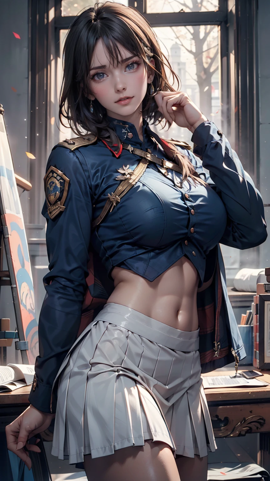 (Highest Resolution, clear_image), Highest quality, masterpiece, Very detailed, Semi-realistic, Woman with shoulder-length black hair, Dark Eyes, mature, mature woman, Imperial sister, sexy, short hair, Triple Van, Light blue uniform, Light blue uniform jacket, soldier, Light blue pleated skirt, uniform, Fighter Front, future, sf, universe、Sexy proportions、Narrow waist、Erotic female body、Saggy breasts、Big Breasts、Nipple swelling emphasis